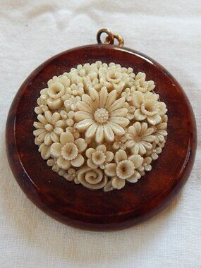 Vintage Celluloid Flowers on Wood Pendant